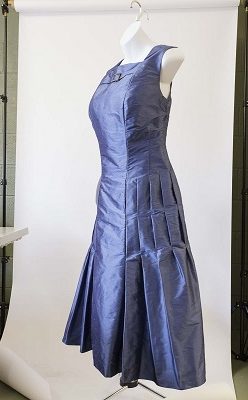 Side view of slate blue silk evening dress by The Sewing Room Malvern