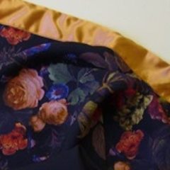 Chiffon floral scarf with cornflower blue lining and peach satin trim made at The Sewing Room Malvern